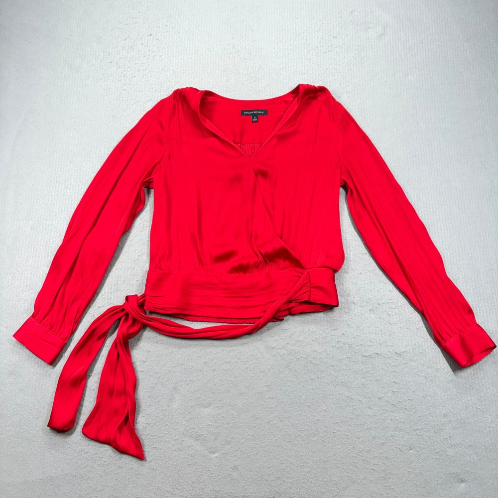 Banana Republic Wrap Blouse Women Small Red Long Sleeve Satin Tie Waist